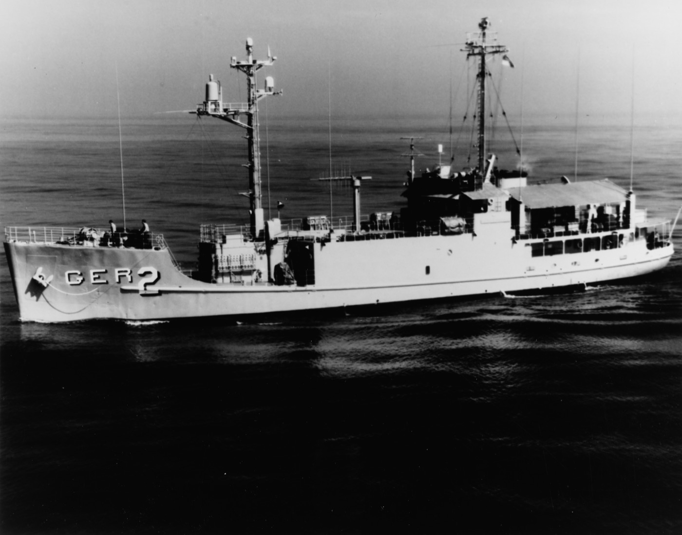 The USS Pueblo, a small United States Navy intelligence ship, at sea.