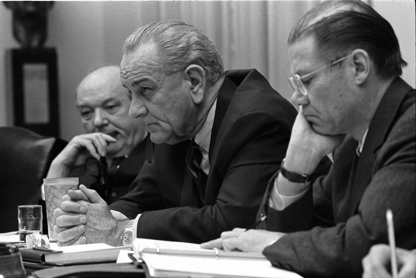 President Lyndon B. Johnson in a Cabinet Room meeting with Dean Rusk and Robert McNamara in February 1968.