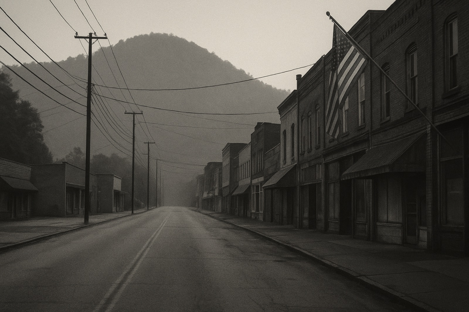 A small American coal-country main street at dawn — empty street, a row of small storefronts on the right with weathered facades; telephone wires overhead; a worn American flag on a pole; the wooded mountain rises behind the town.