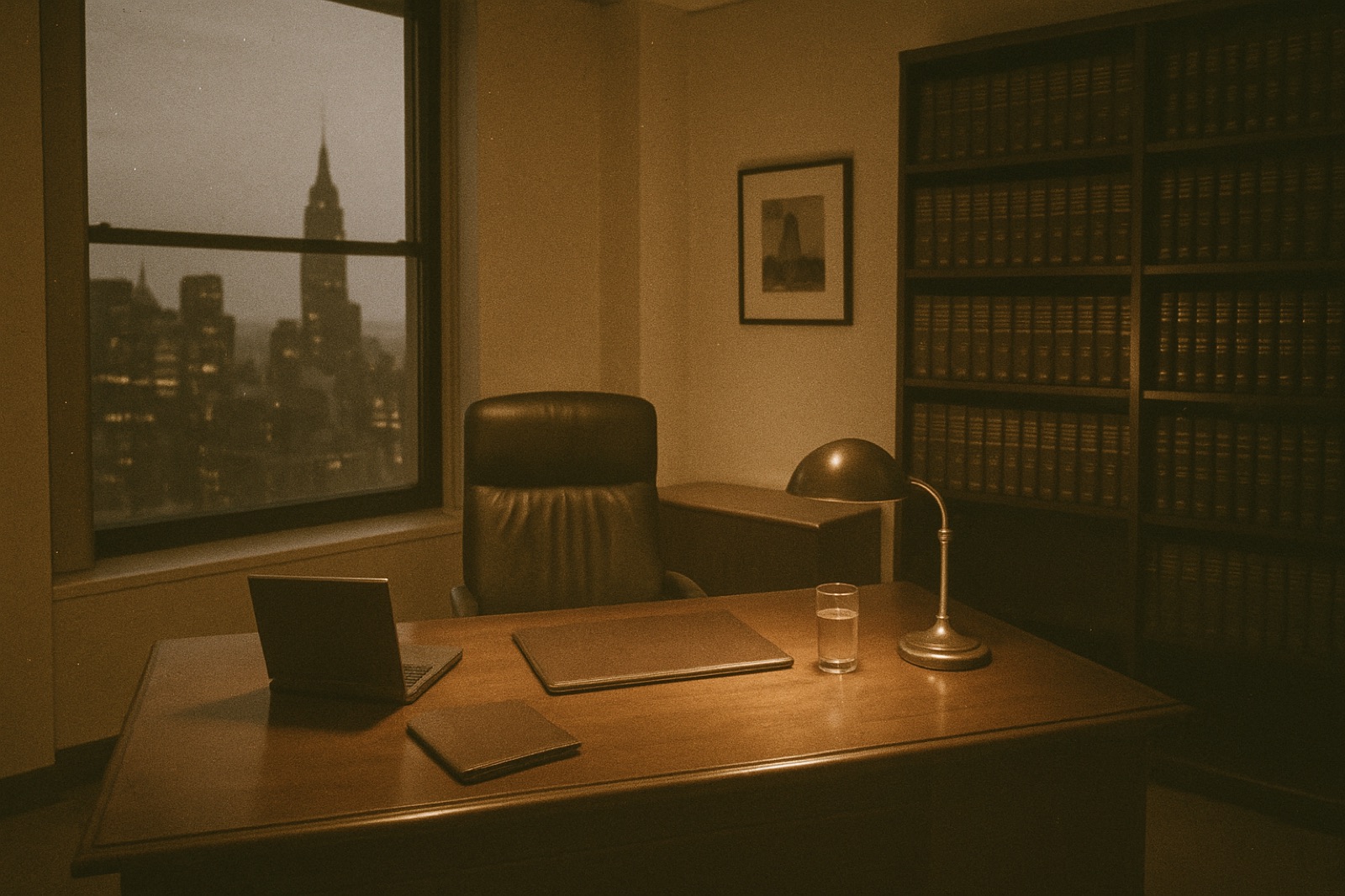An empty executive office at end of working day in a New York City office tower — a large mahogany desk with a closed laptop, leather portfolio, brass desk lamp, half-finished glass of water; a tall window with a partial view of an urban skyline at twilight; bookshelves filled with leather-bound volumes; a framed photograph on the rear wall.
