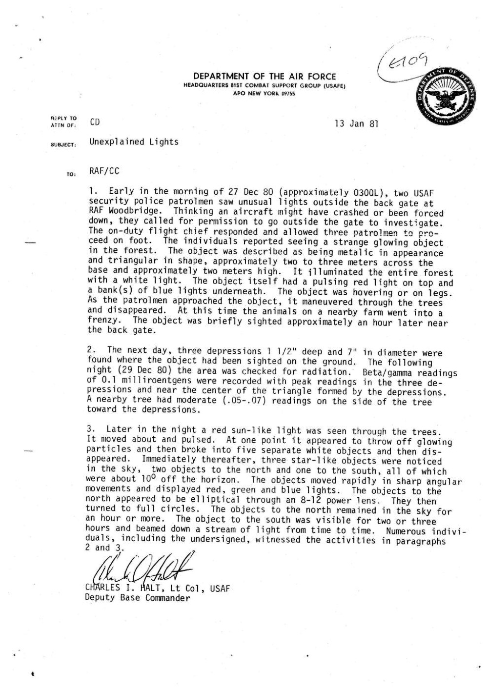 The Halt memorandum, the official memo written by Lt. Col. Charles Halt about the Rendlesham Forest incident.