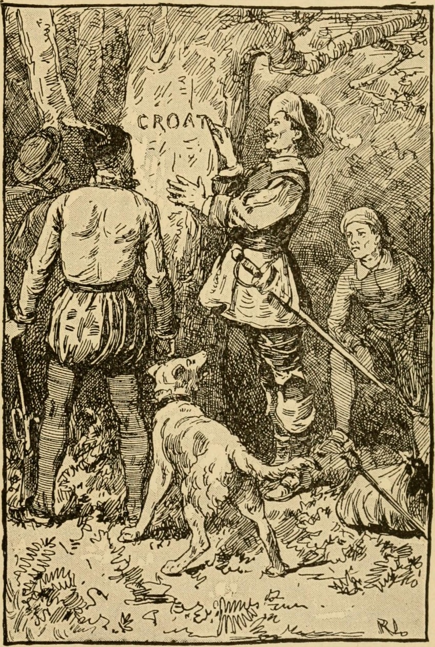 A historical illustration depicting the discovery of the word CROATOAN carved at the deserted Roanoke colony.