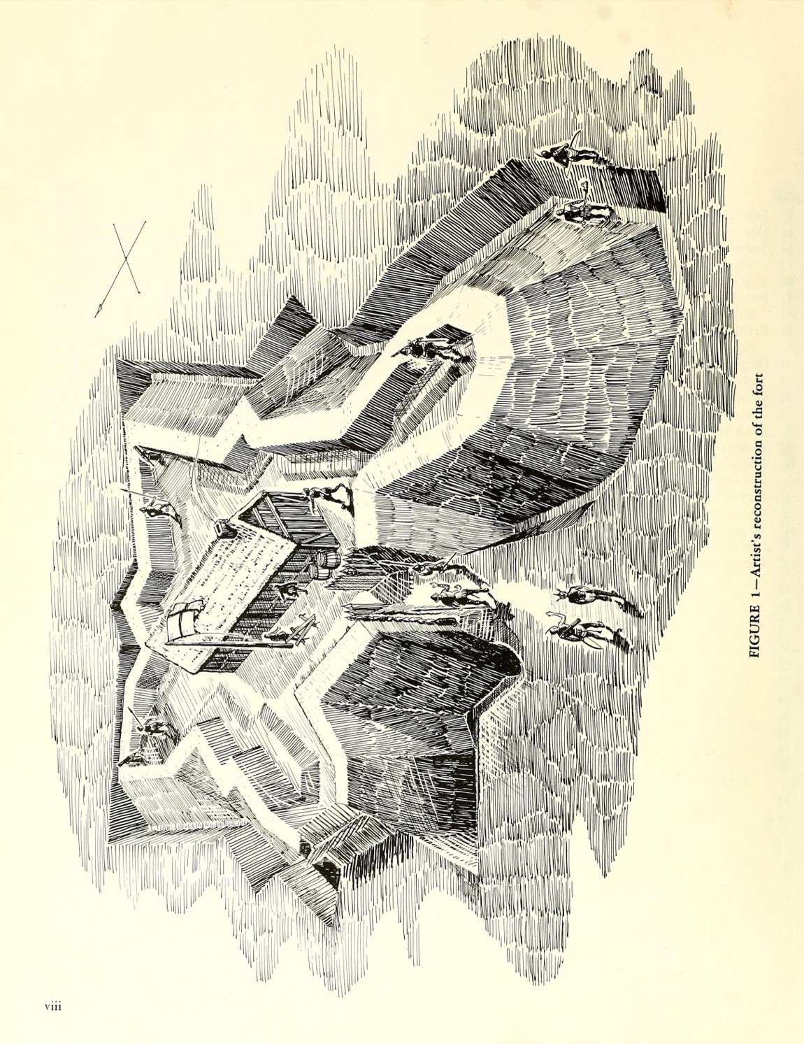 An artist's reconstruction of the fort and settlement at Roanoke.