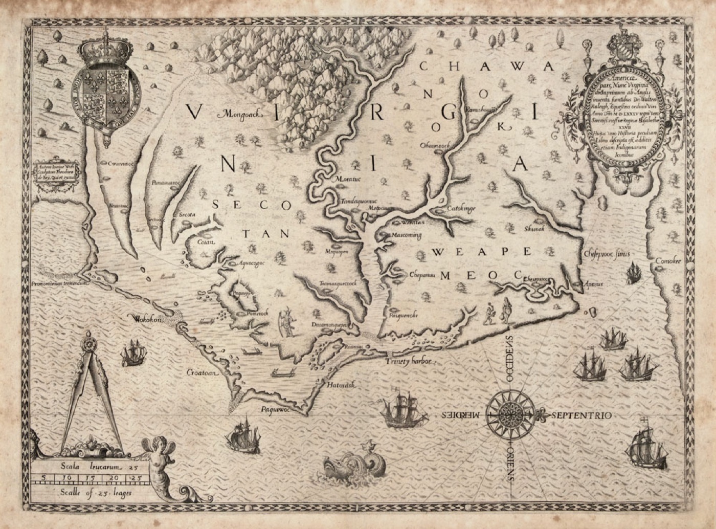 A 1585–86 map by Theodor de Bry of the coast of Virginia, showing Roanoke Island and the surrounding waters where the Lost Colony was established.