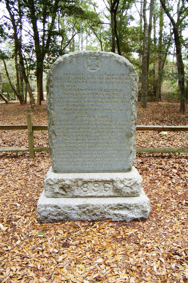 A memorial at Fort Raleigh commemorating Virginia Dare, the first English child born in America.