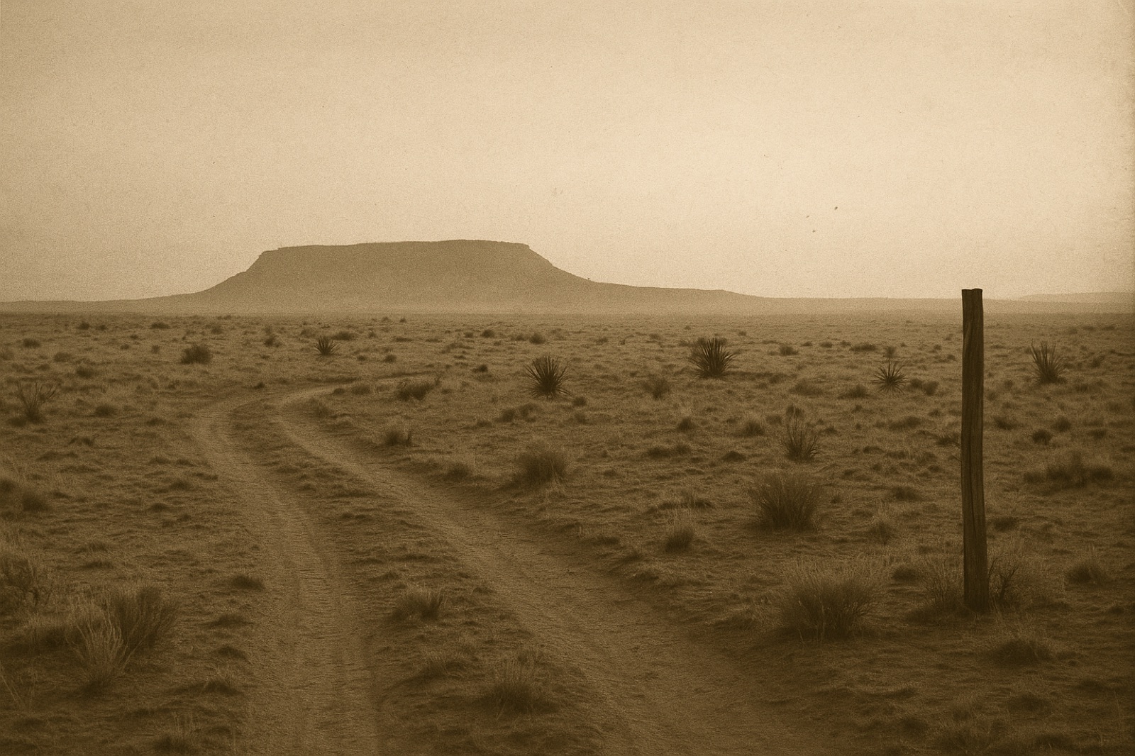 A New Mexico high-desert ranch landscape at first light — flat pale tan-grey scrub with scattered yucca, a weathered cedar fence post, a worn dirt track curving across the foreground, a low mesa silhouetted on the horizon, a hazy pale sky.