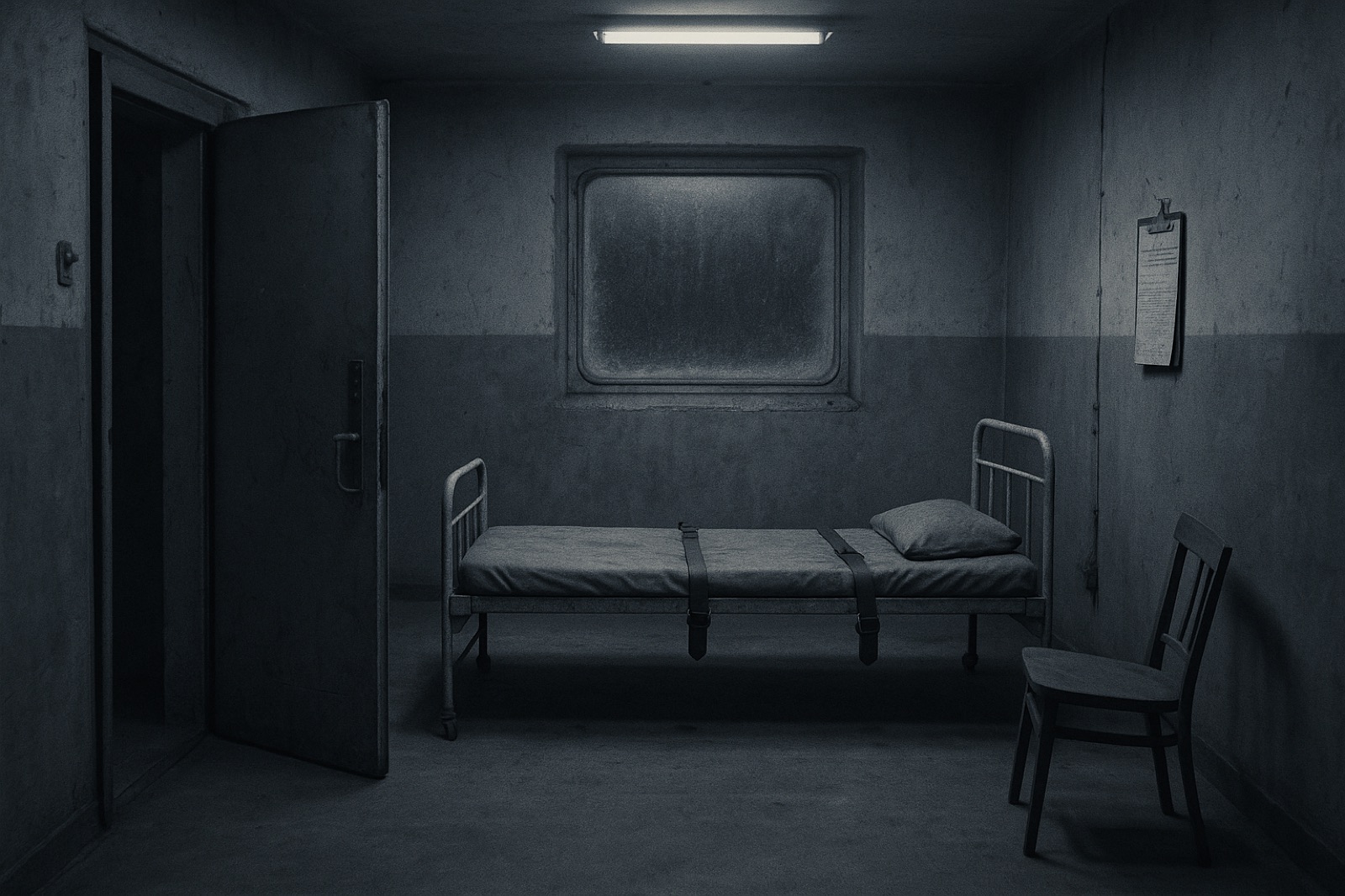 An empty Soviet-era isolation laboratory at night with a steel door slightly ajar, a hospital bed with restraints, and a frosted observation window.
