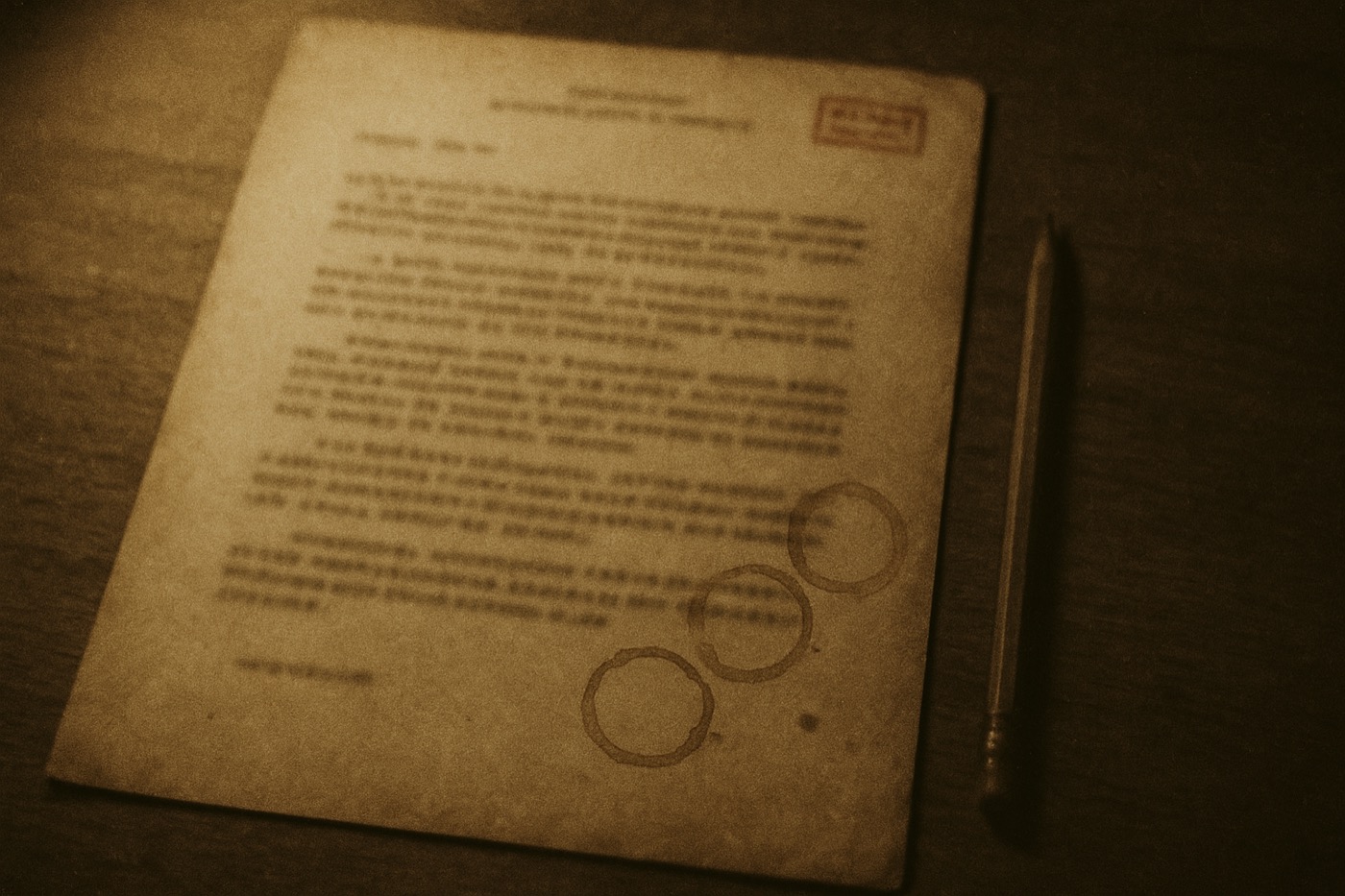 An aged typewriter-typed paper document on a wooden desk, deliberately blurred so words are unreadable. A red stamp at the corner; a pencil beside it.