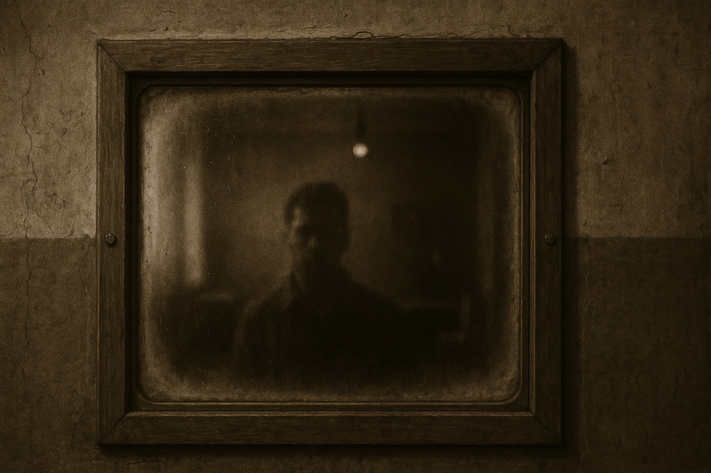 A thick reinforced-glass observation window in a Soviet-era institutional wall, fogged at the edges.
