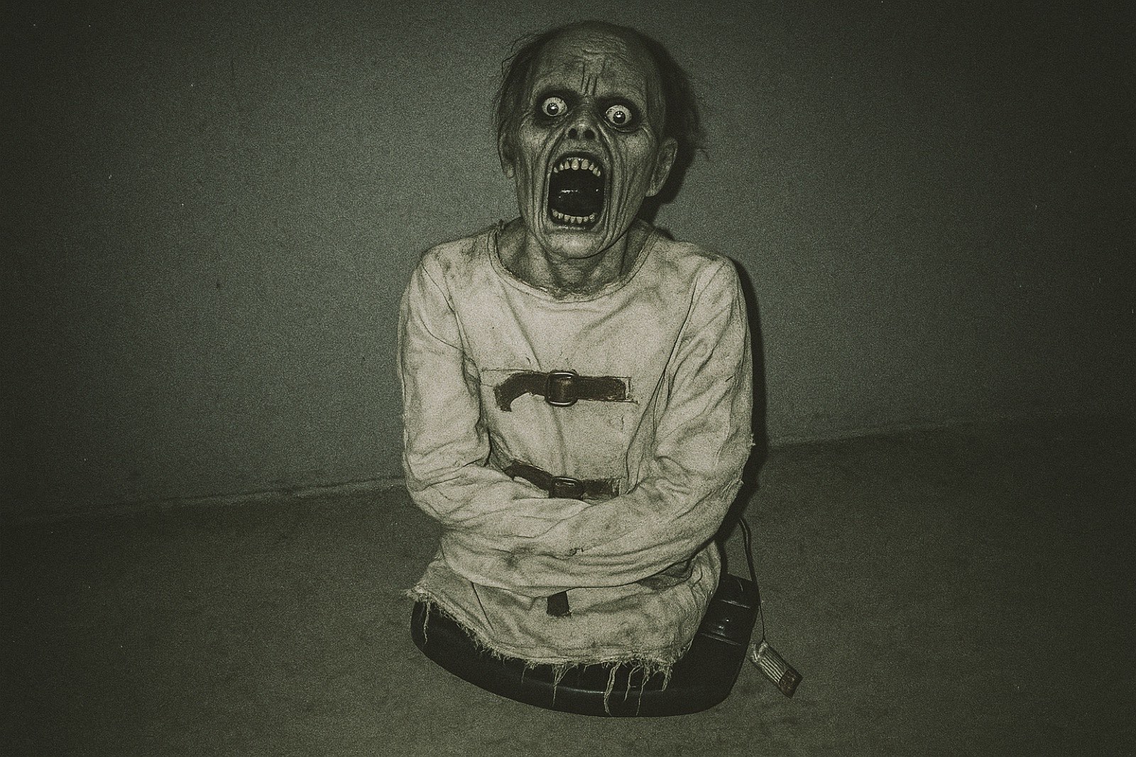 A generic Halloween animatronic prop depicting an emaciated figure in a torn straitjacket, mouth open, eyes wide — clearly a manufactured prop with visible plastic skin and product tag.