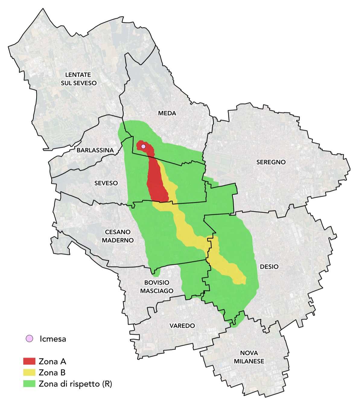 A map showing the contamination zones A, B, and R around the ICMESA plant after the Seveso disaster.