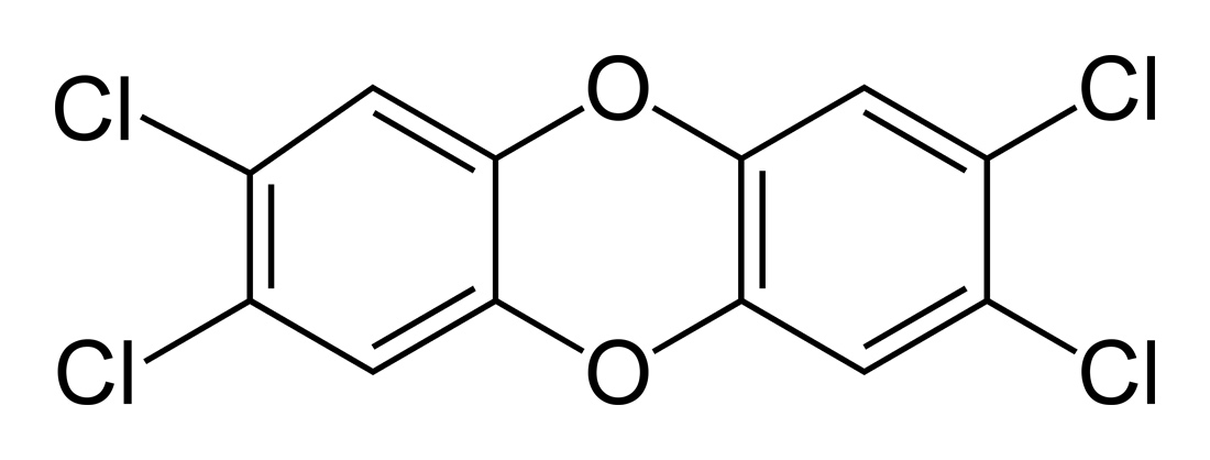 The skeletal chemical structure of TCDD, 2,3,7,8-tetrachlorodibenzo-p-dioxin.