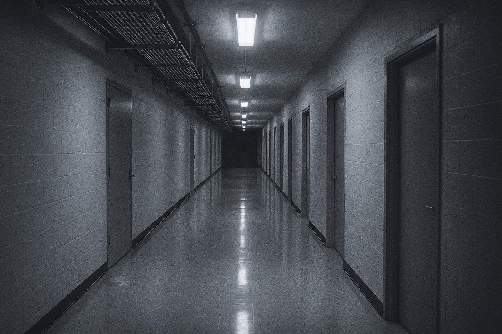 A long fluorescent-lit corridor inside a generic government data-center facility at night, polished linoleum floor, a row of identical unmarked steel doors stretching into the distance.
