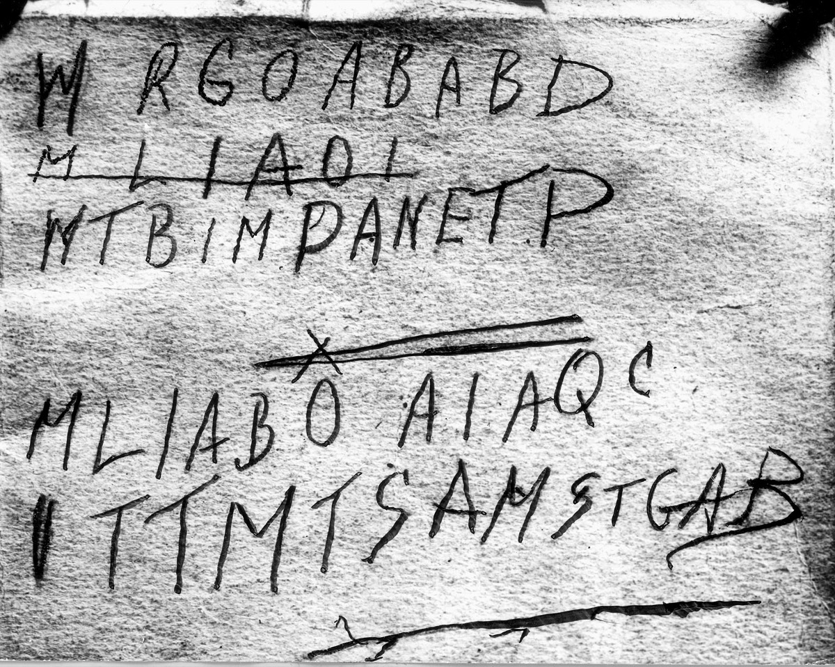 The mysterious code of capital letters pencilled in the back of the Rubáiyát, never deciphered.