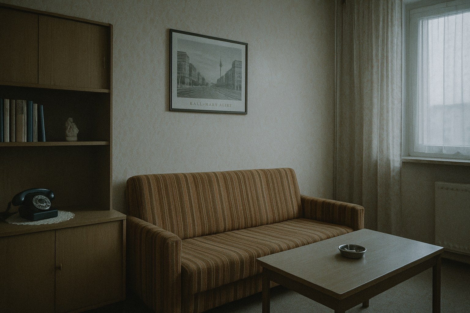 An empty East Berlin Plattenbau apartment living room — a built-in brown-veneer wall unit holding hardcover books and a black landline rotary telephone, a short striped brown-and-orange couch facing the camera, a laminate coffee table with a tin ashtray, a framed Karl-Marx-Allee print above the couch, a small window with thin patterned curtains. No people.