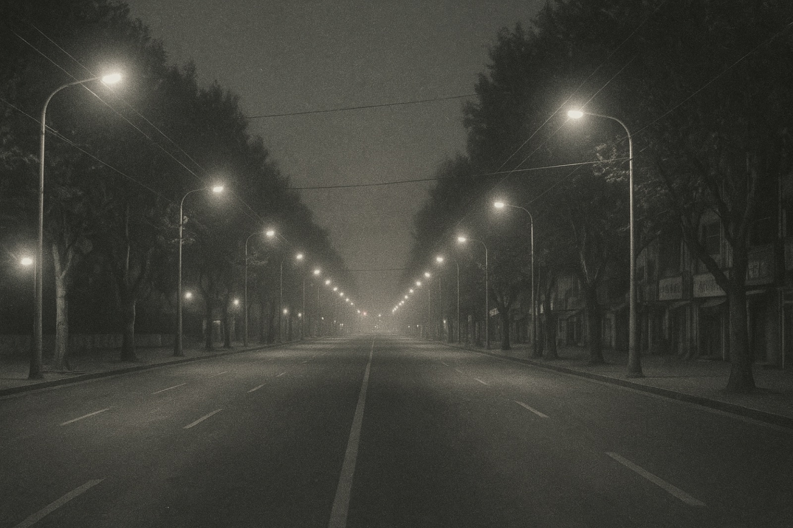 A wide empty Asian city boulevard at night — orange sodium-vapor streetlights along both sides, tall plane trees, overcast sky, no people or vehicles.