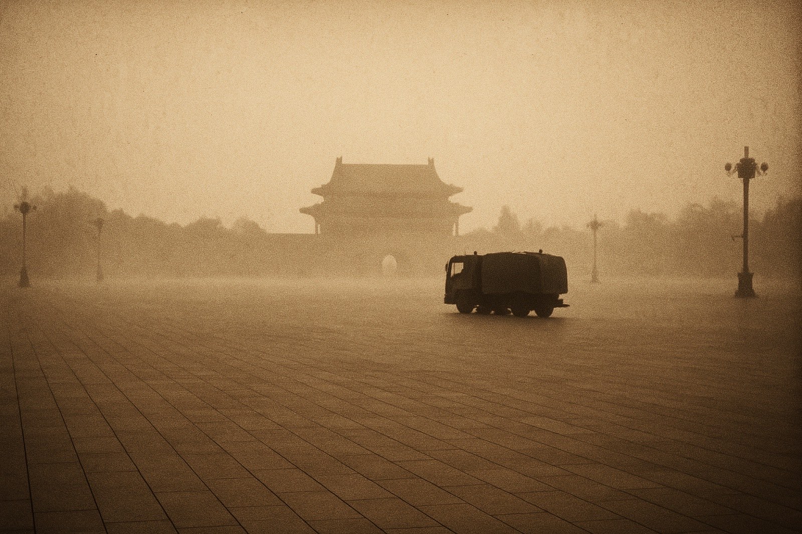 A vast empty public plaza at dawn — featureless expanse of paving stones, an Asian ceremonial-gate building in silhouette in the distance, morning mist at ground level, a single sweeping street-cleaning truck silhouette in the middle distance.