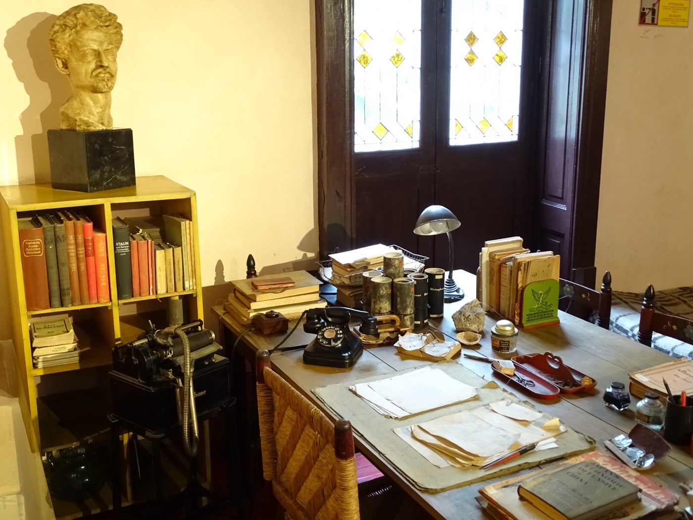 Trotsky's preserved study in the Coyoacán house, with his desk and books, where he was attacked in 1940.