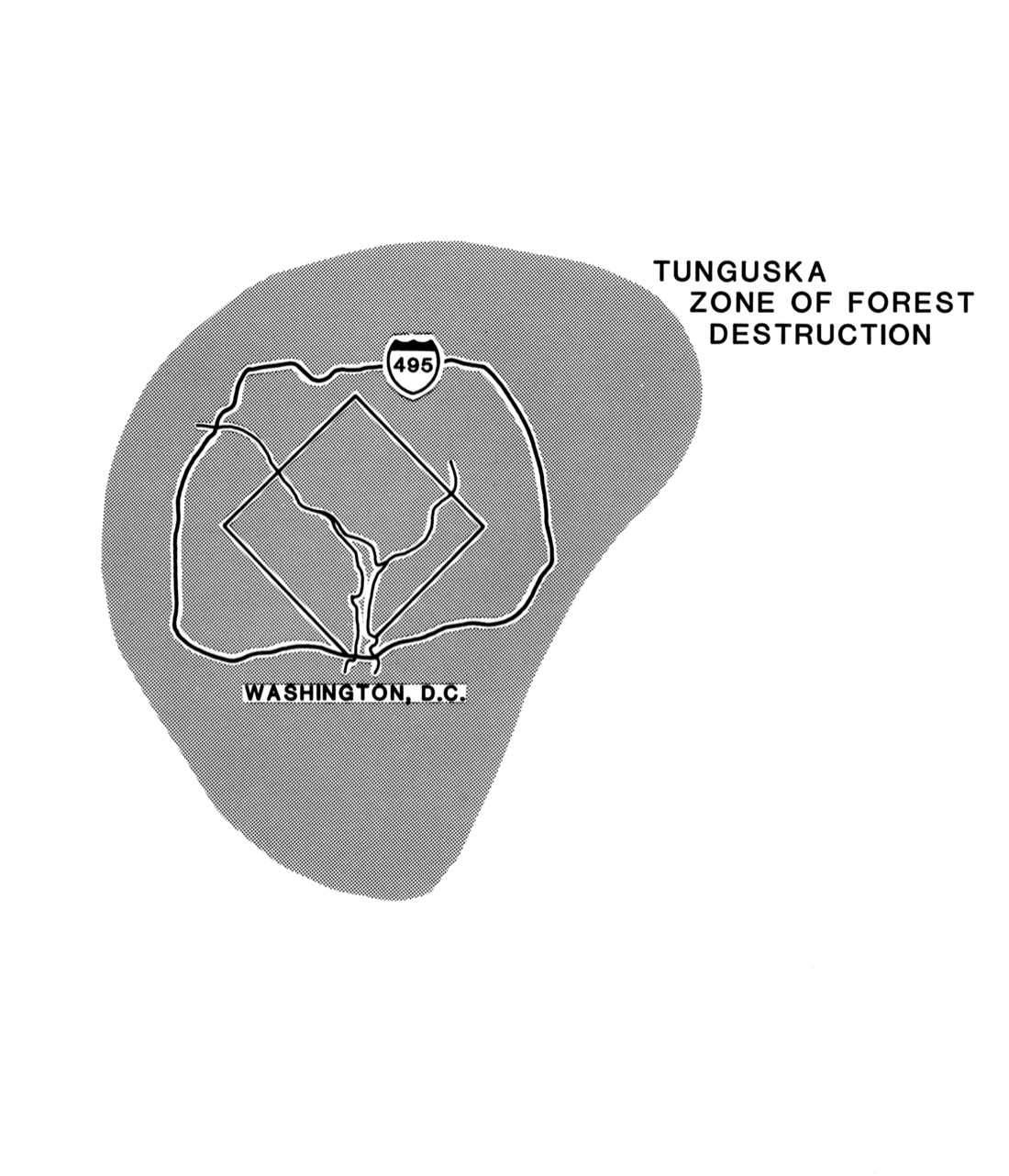 A map overlaying the Tunguska blast's flattened-forest zone on Washington, D.C., to show its enormous scale.