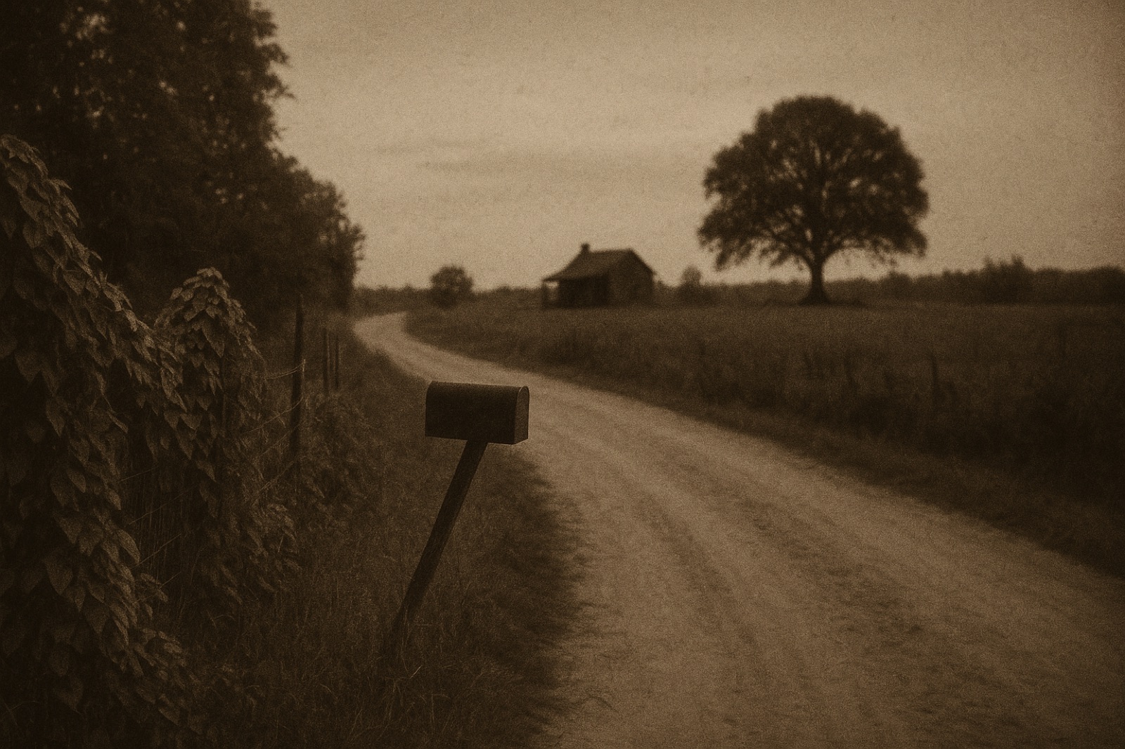 A dirt road through rural Macon County Alabama at dusk in the 1930s, kudzu vines on a fence, a black wooden mailbox, distant farmhouse.