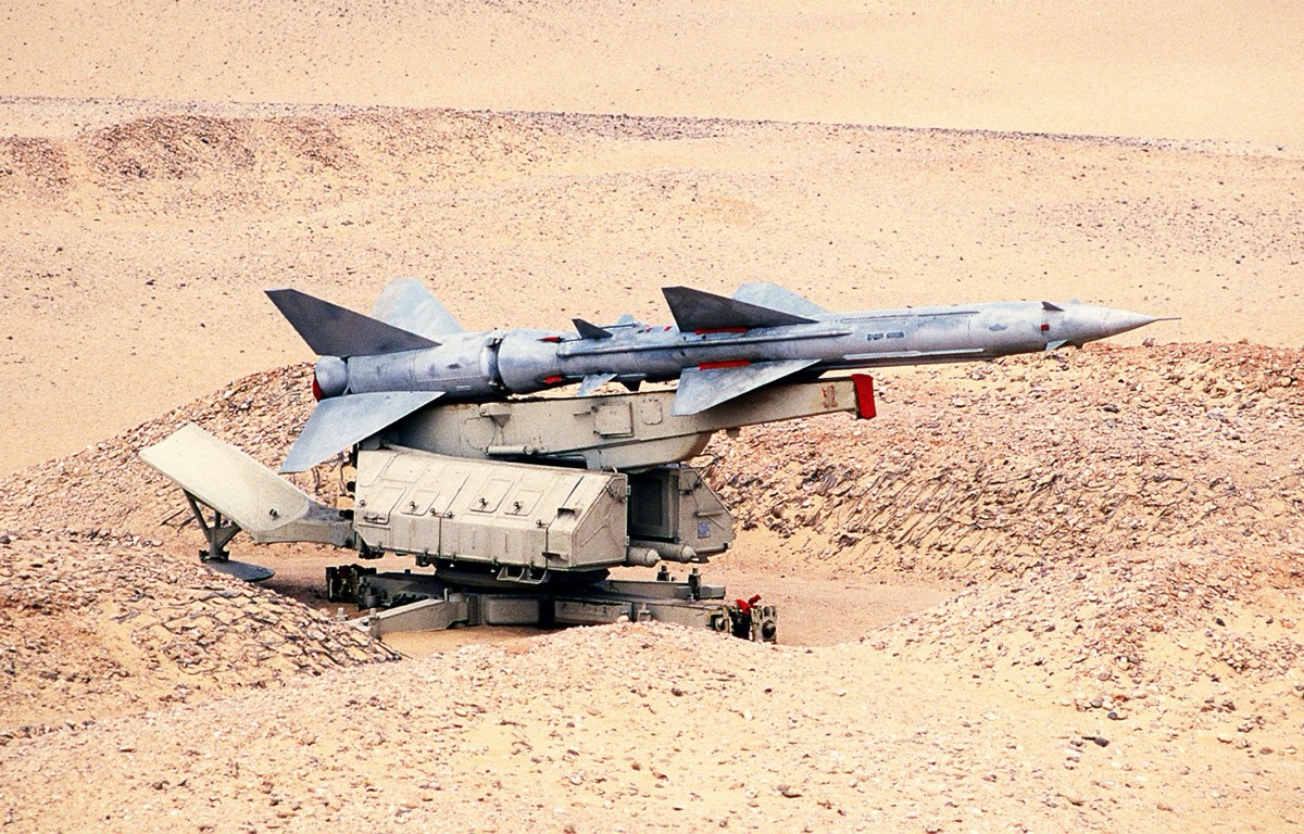 An S-75 Dvina (SA-2 Guideline) surface-to-air missile on its launcher.