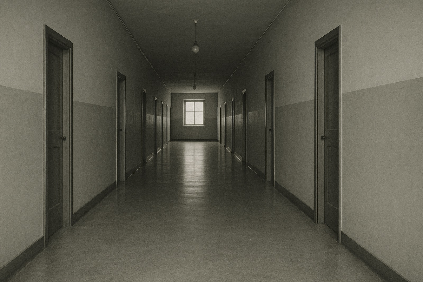 A long empty hallway in an institutional building — bare polished concrete floor, pale institutional-green walls, a row of closed wooden doors at regular intervals along both sides, a single bare overhead light bulb every several meters with the lights off, daylight from a window at the far end providing the only illumination.