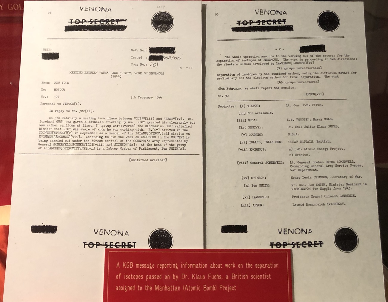 A declassified Venona decrypt page, a typewritten document with columns of text and handwritten annotations, partly recovered from a Soviet cable.