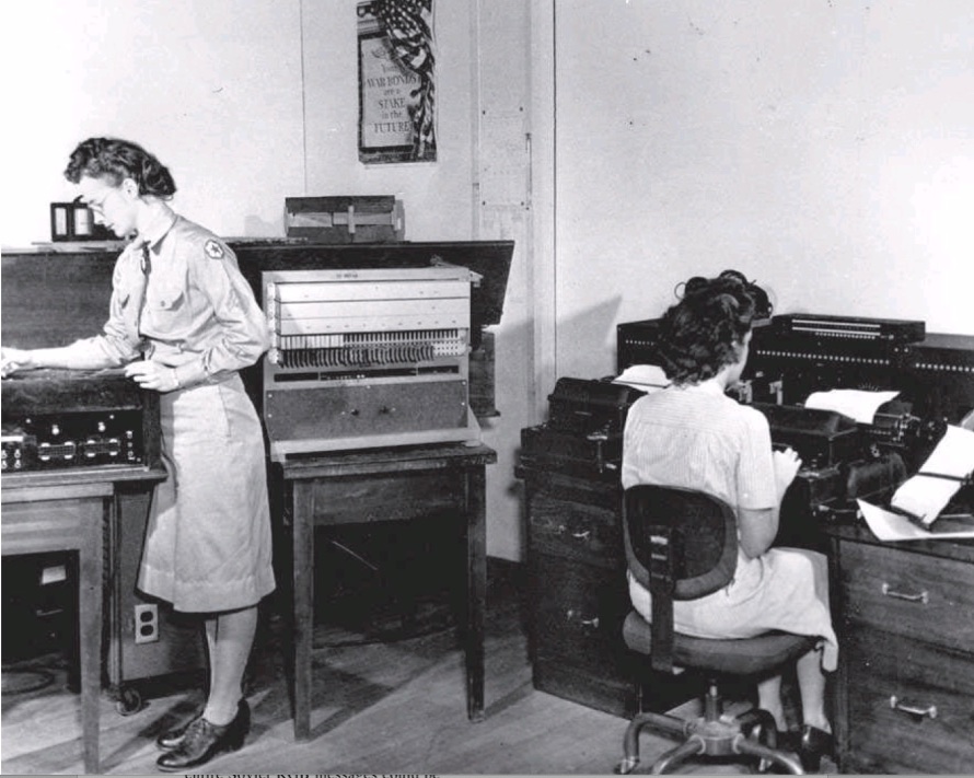 Women of the Signal Intelligence Service working with cipher analysis equipment during the Second World War.