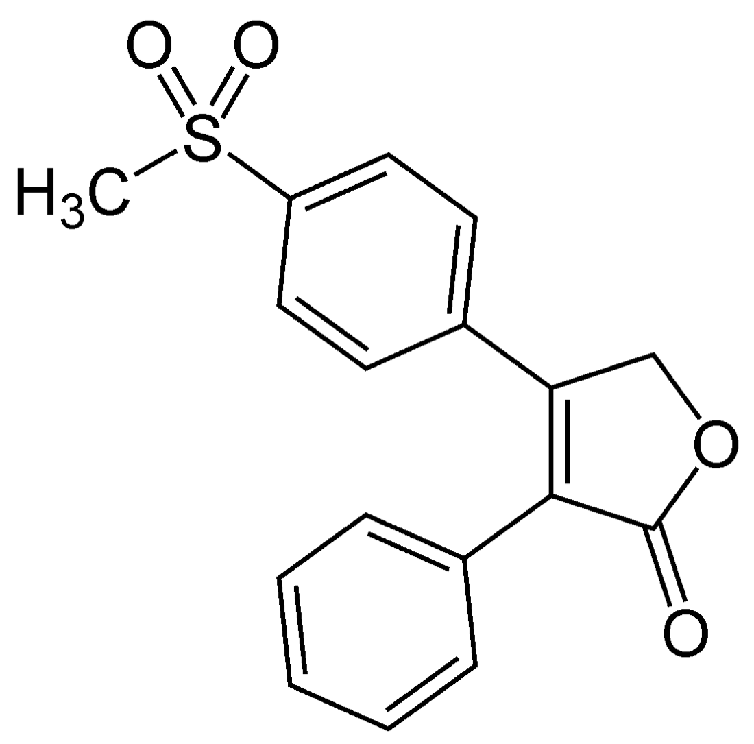 A skeletal chemical structure diagram of the rofecoxib molecule, the active ingredient in Vioxx.