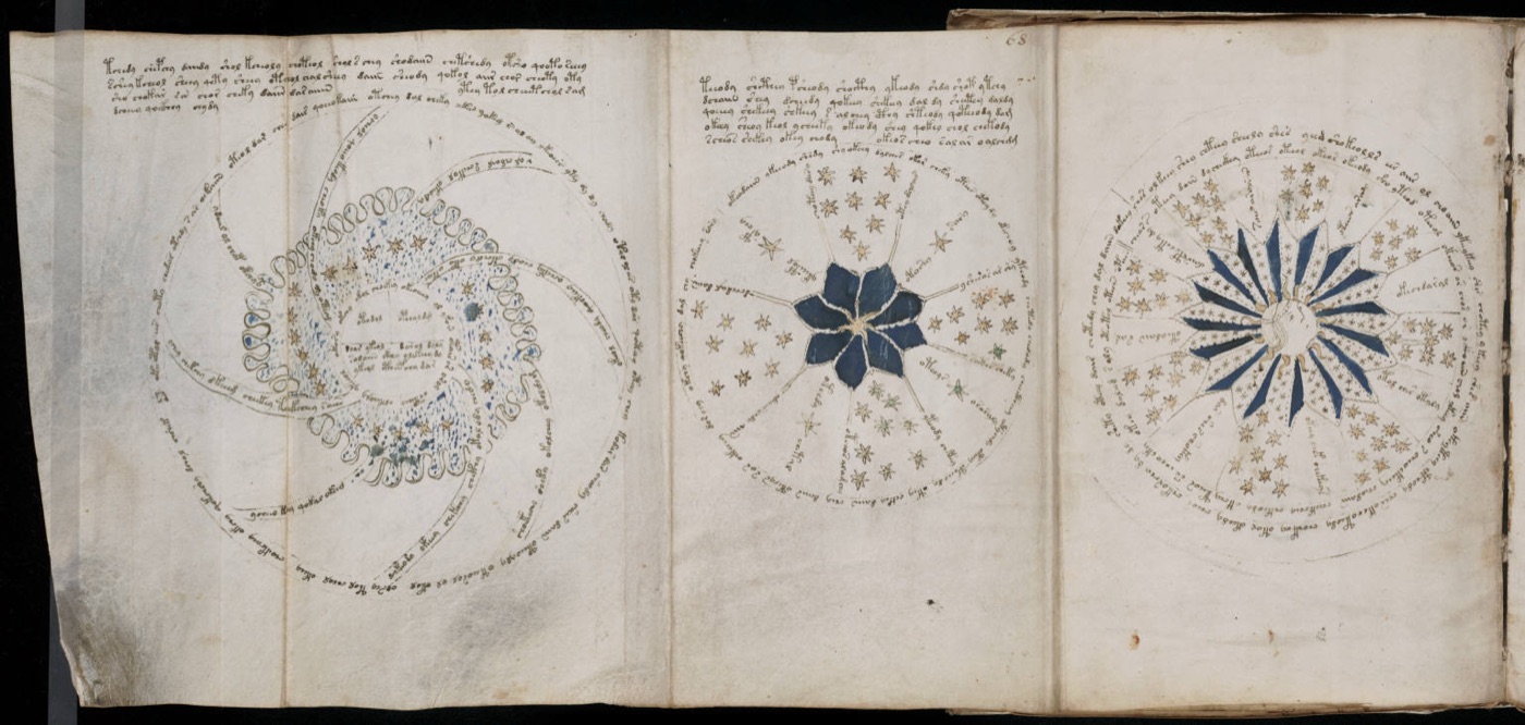 A folio from the Voynich Manuscript astronomical section — a circular diagram divided into concentric rings, surrounded by small standing figures, with unidentified script wrapping the outer edge.