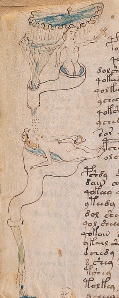 A folio from the Voynich Manuscript balneological section — small naked female figures standing in green-tinted pools connected by tubes and pipes, with unidentified script flowing in paragraphs around the illustration.