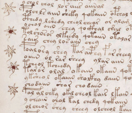 A folio from the Voynich Manuscript recipe section — a star-symbol margin marker followed by a short paragraph of unidentified script.