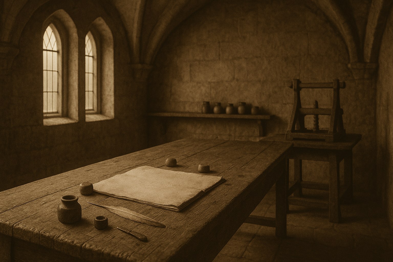 An empty early-15th-century European scriptorium room — stone-vaulted ceiling, narrow gothic windows with late-afternoon light, a long oak writing desk holding a blank parchment folio with leaden weights, a ceramic ink pot, a single goose quill, and a small brass pen-knife. No people, no script.