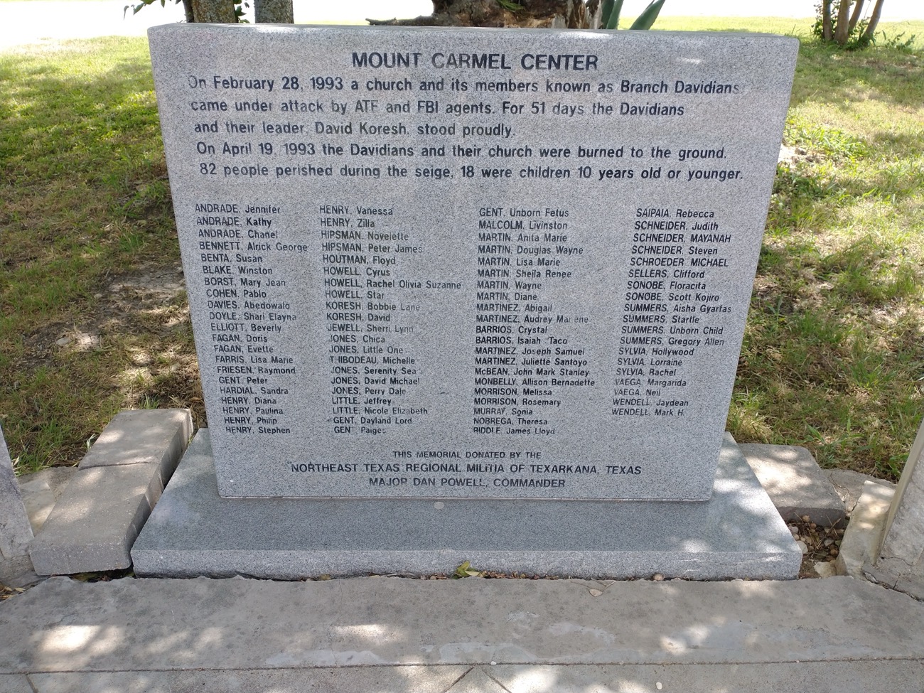 A memorial at the site of the former Mount Carmel Center, commemorating those who died at Waco.