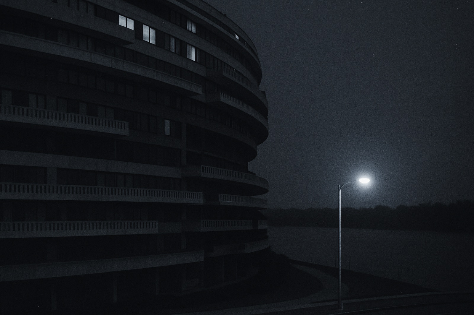 The curved facade of the Watergate complex at night, faintly lit windows, a single street lamp in the foreground.