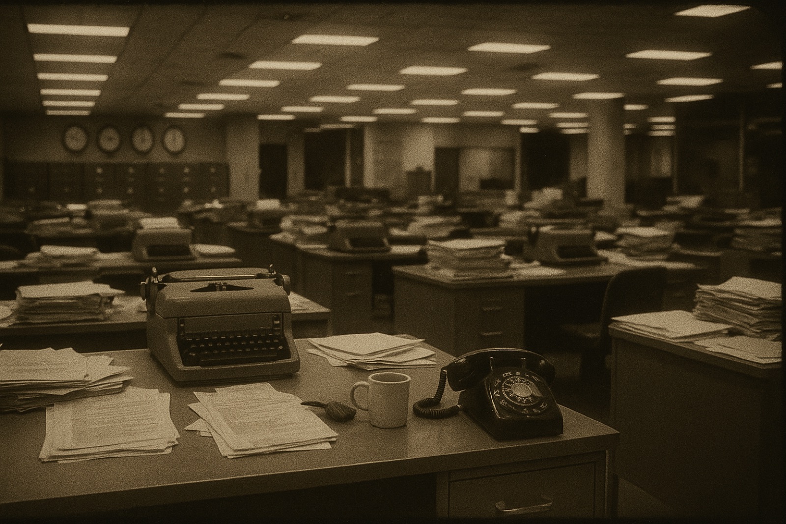 An empty 1970s American newsroom at night with rows of typewriters and fluorescent lights.