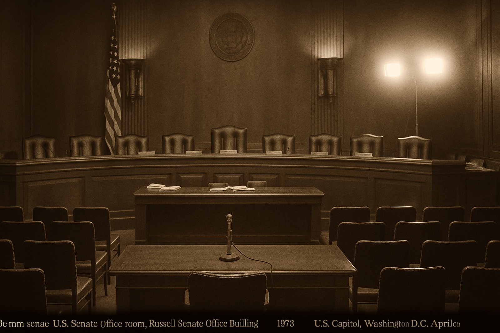 An empty U.S. Senate hearing room in the Russell building, dais and witness table, TV lights at the back.