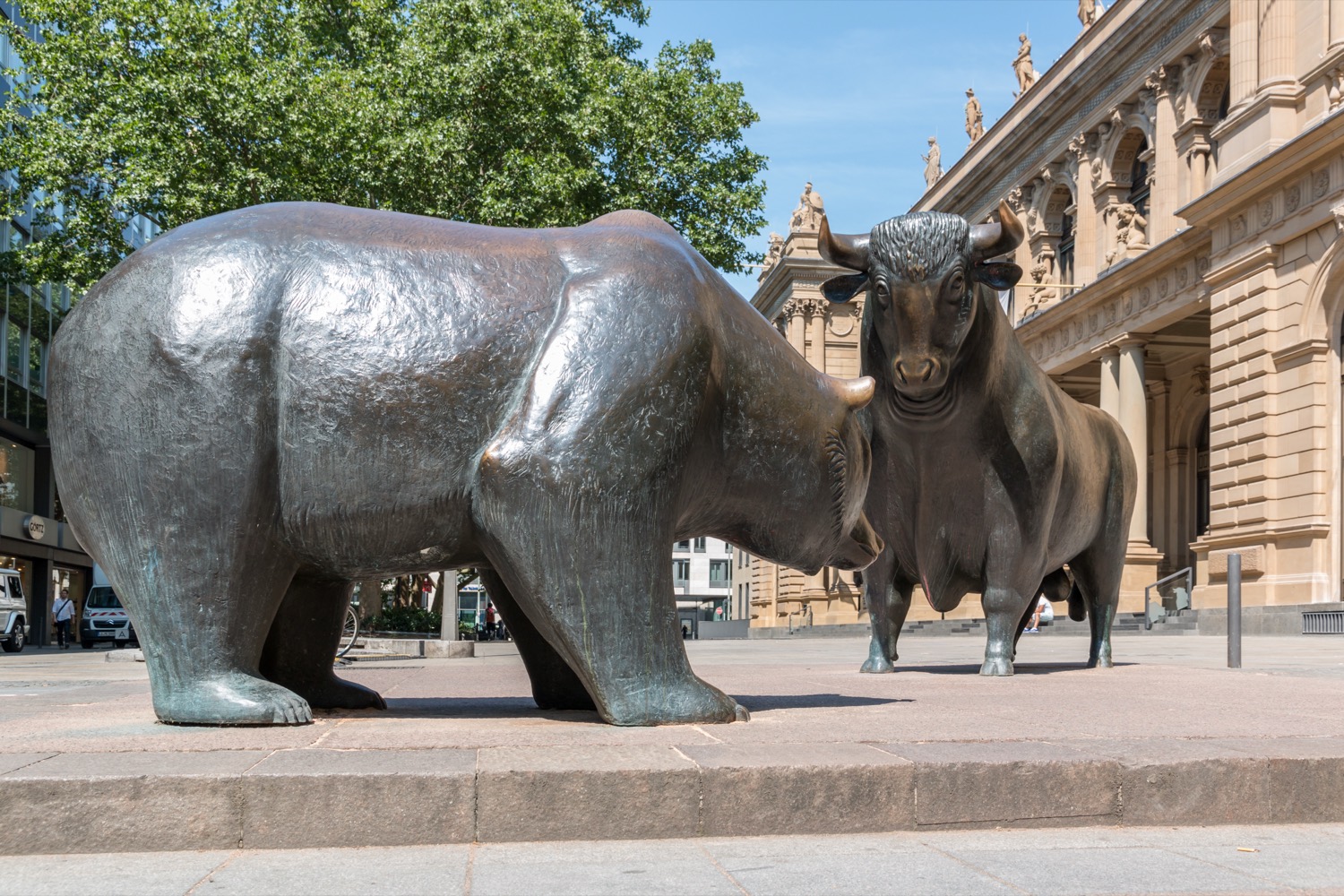 The bull and bear sculpture outside the Frankfurt Stock Exchange, symbolising rising and falling markets.