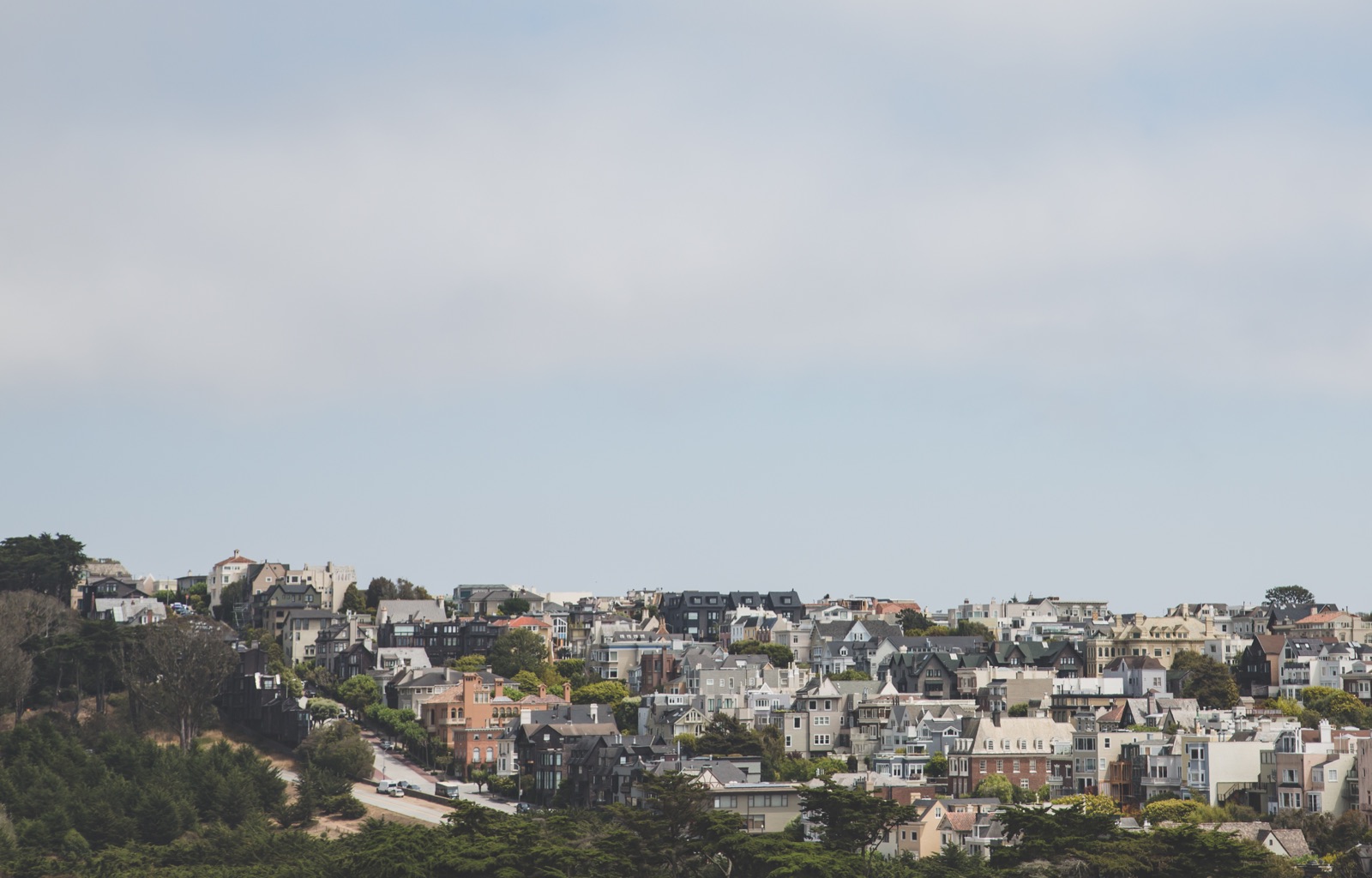 A wide view of the Presidio Heights neighborhood of San Francisco — rows of large Victorian and Edwardian houses set on a wooded hillside under a pale, overcast sky.