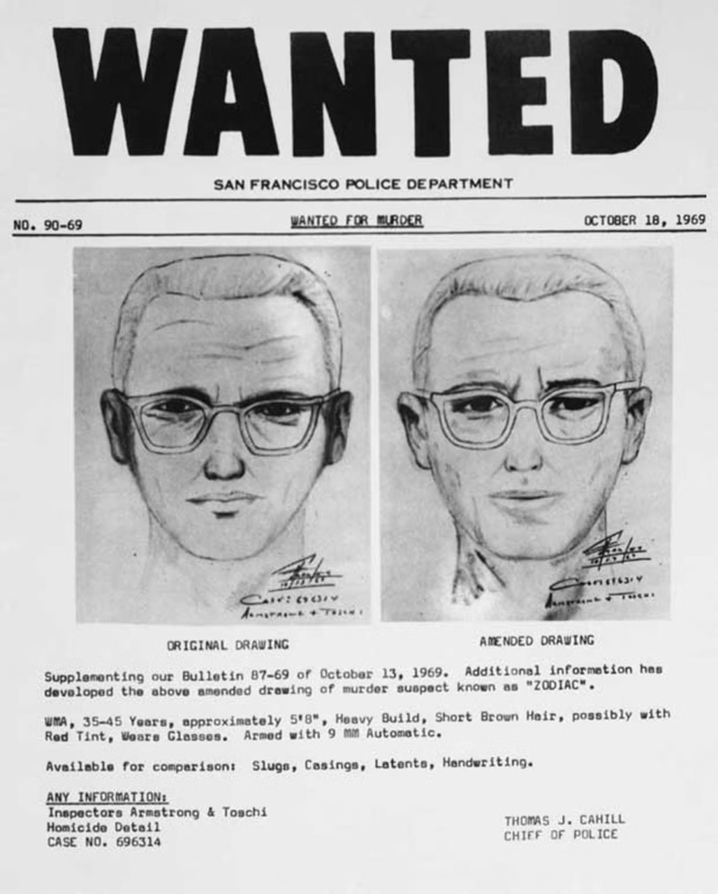 The 1969 San Francisco Police Department wanted bulletin for the Zodiac — headed 'WANTED' in large black letters, with two composite sketches of a man with short hair and glasses, and a printed description below.